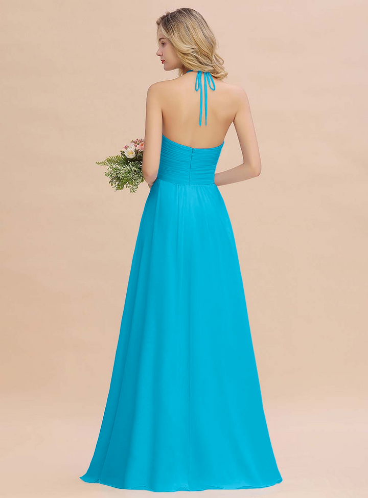 A-line Halter Backless Chiffon Floor-Length Dress-koscy