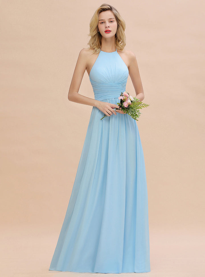 A-line Halter Backless Chiffon Floor-Length Dress-koscy