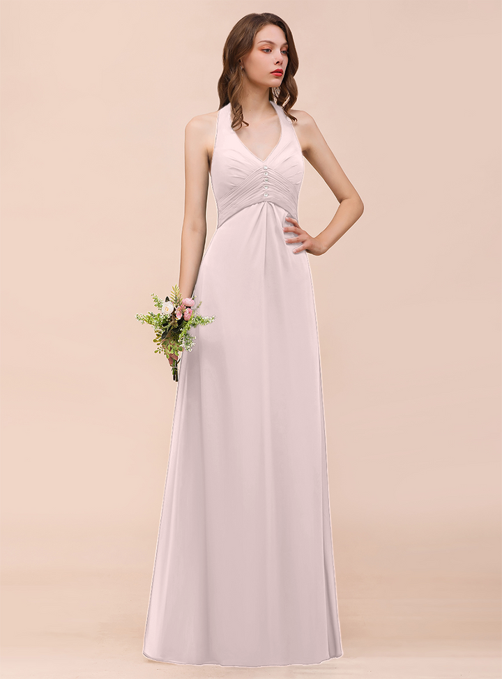 A-line Halter Beadings Chiffon Floor-Length Dress Dark Green-koscy