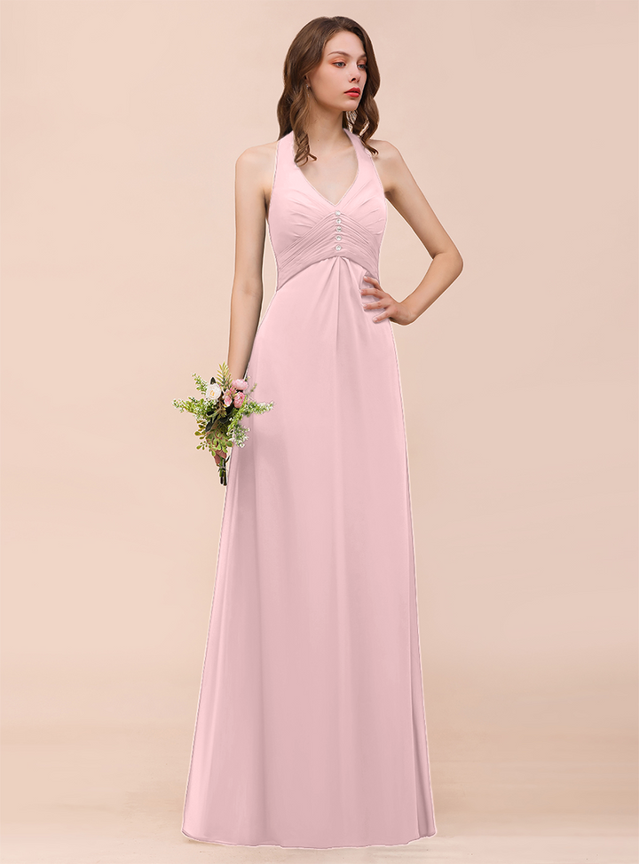 A-line Halter Beadings Chiffon Floor-Length Dress Dark Green-koscy