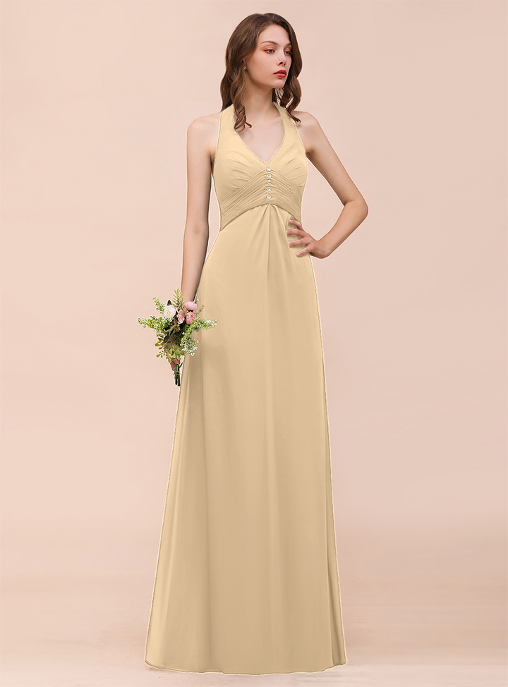 A-line Halter Beadings Chiffon Floor-Length Dress Dark Green-koscy