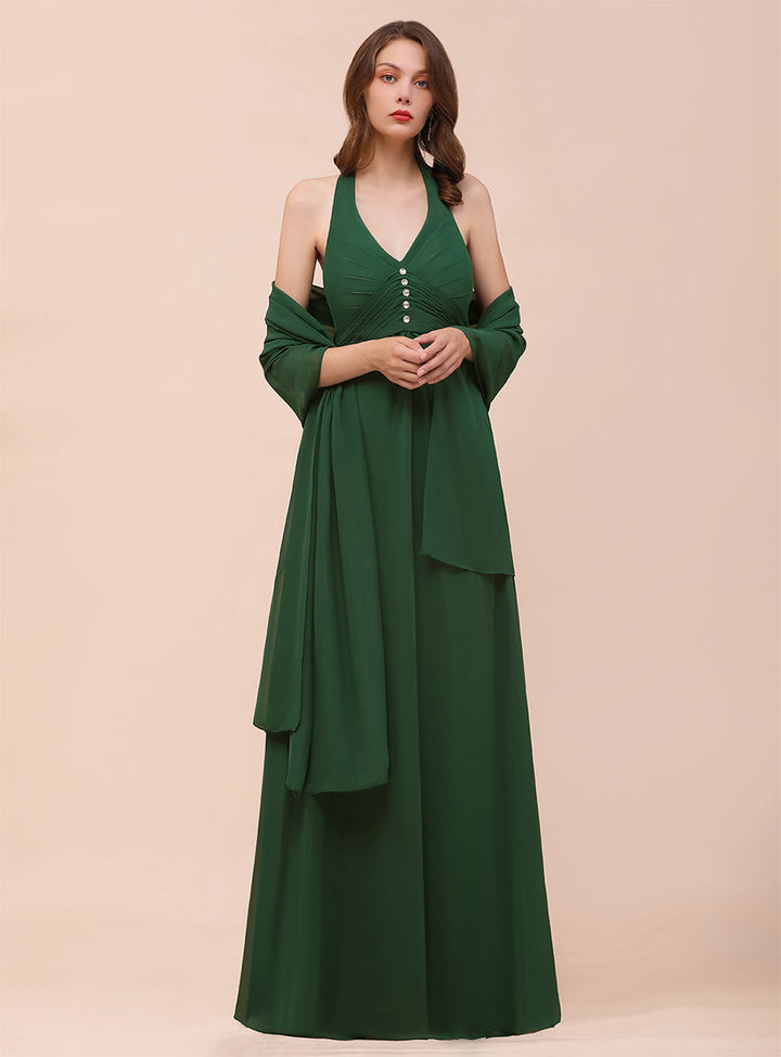 A-line Halter Beadings Chiffon Floor-Length Dress Dark Green-koscy