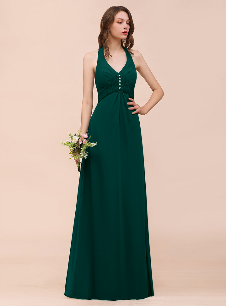 A-line Halter Beadings Chiffon Floor-Length Dress Dark Green-koscy