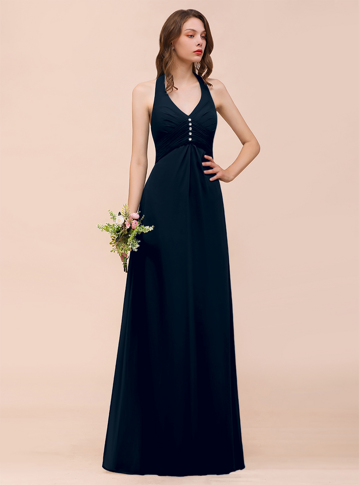 A-line Halter Beadings Chiffon Floor-Length Dress Dark Green-koscy