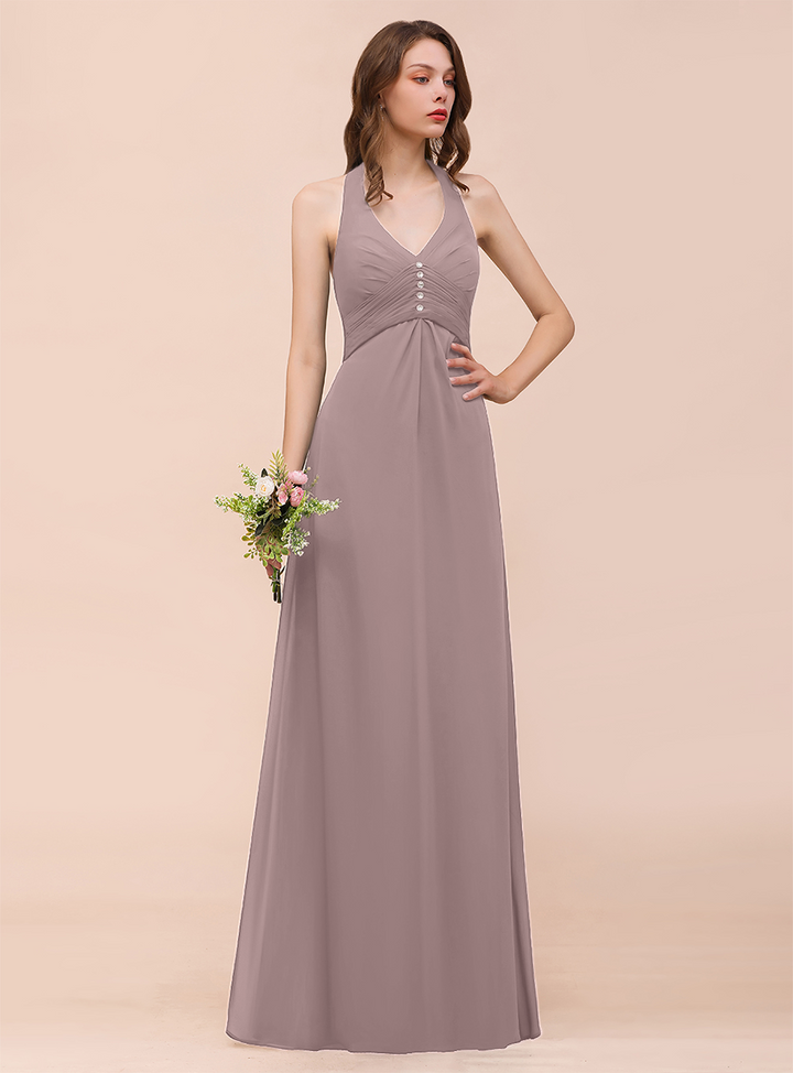 A-line Halter Beadings Chiffon Floor-Length Dress Dark Green-koscy