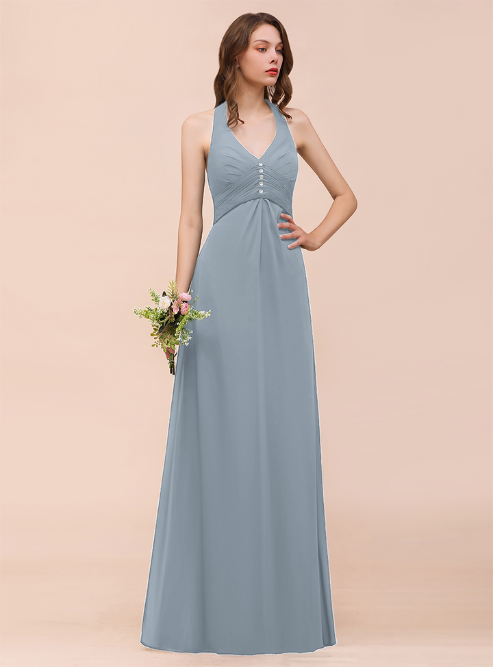 A-line Halter Beadings Chiffon Floor-Length Dress Dark Green-koscy