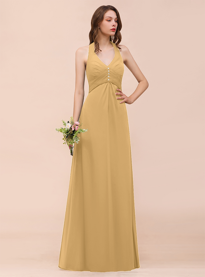 A-line Halter Beadings Chiffon Floor-Length Dress Dark Green-koscy