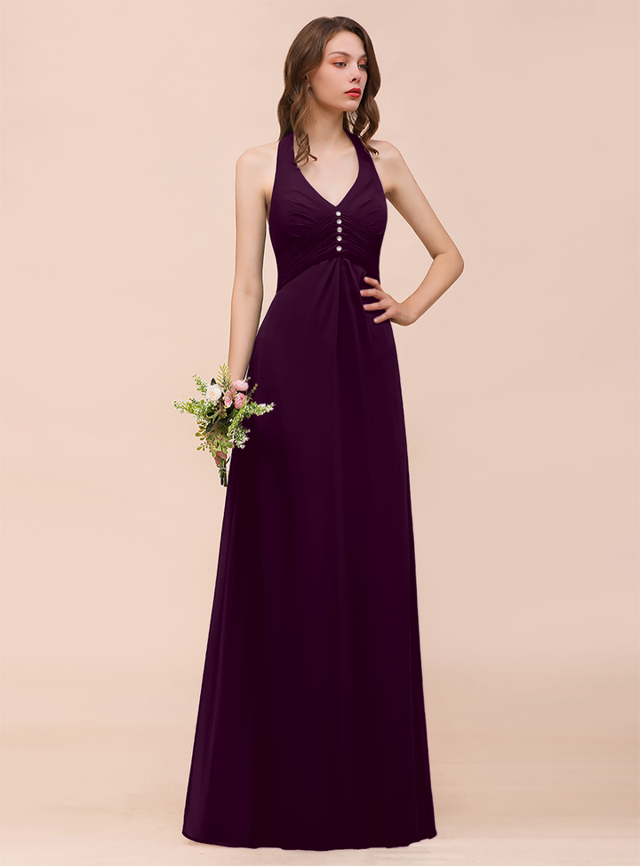 A-line Halter Beadings Chiffon Floor-Length Dress Dark Green-koscy