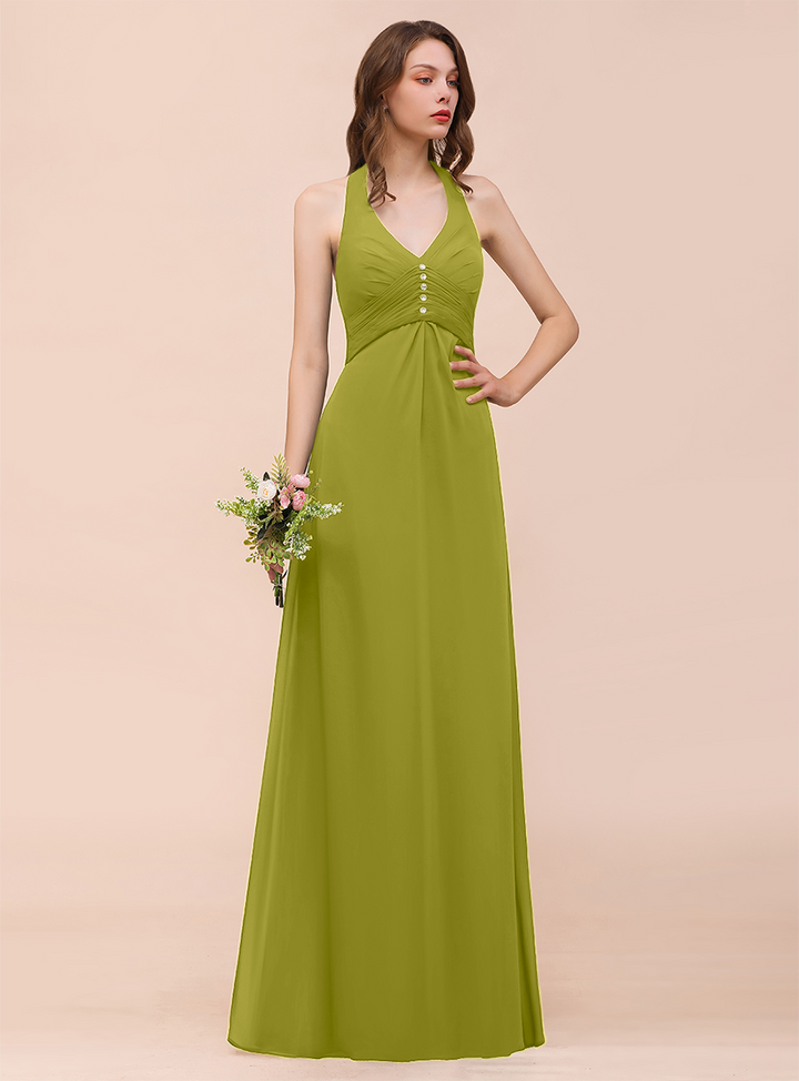 A-line Halter Beadings Chiffon Floor-Length Dress Dark Green-koscy