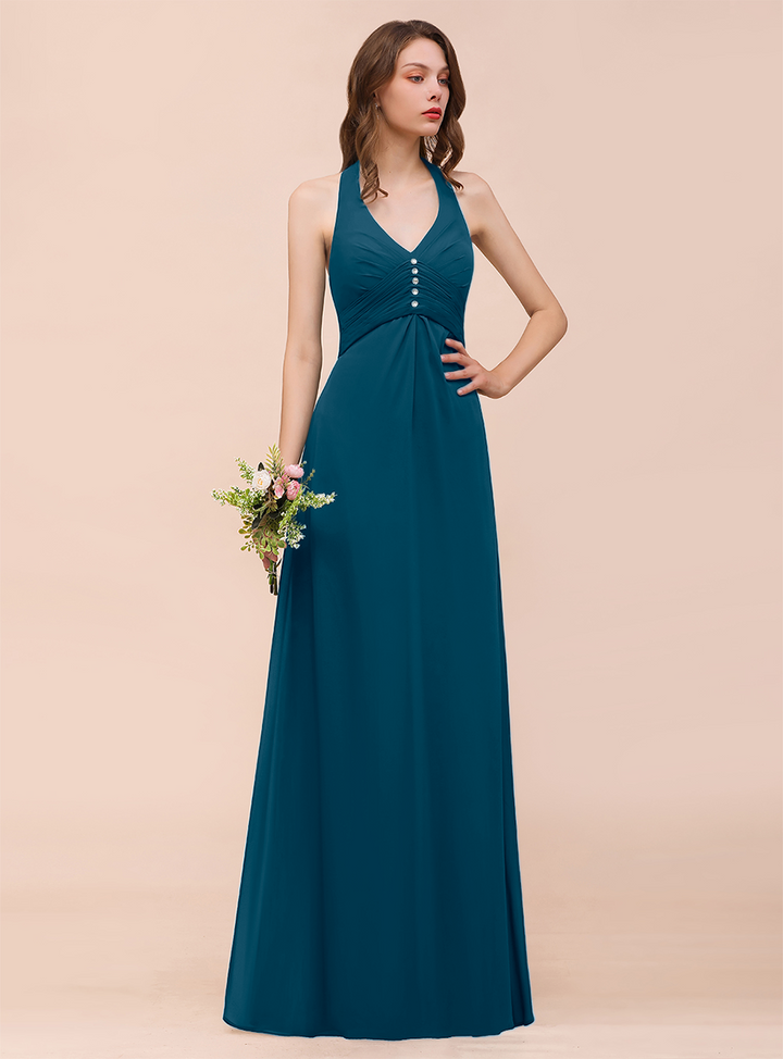 A-line Halter Beadings Chiffon Floor-Length Dress Dark Green-koscy