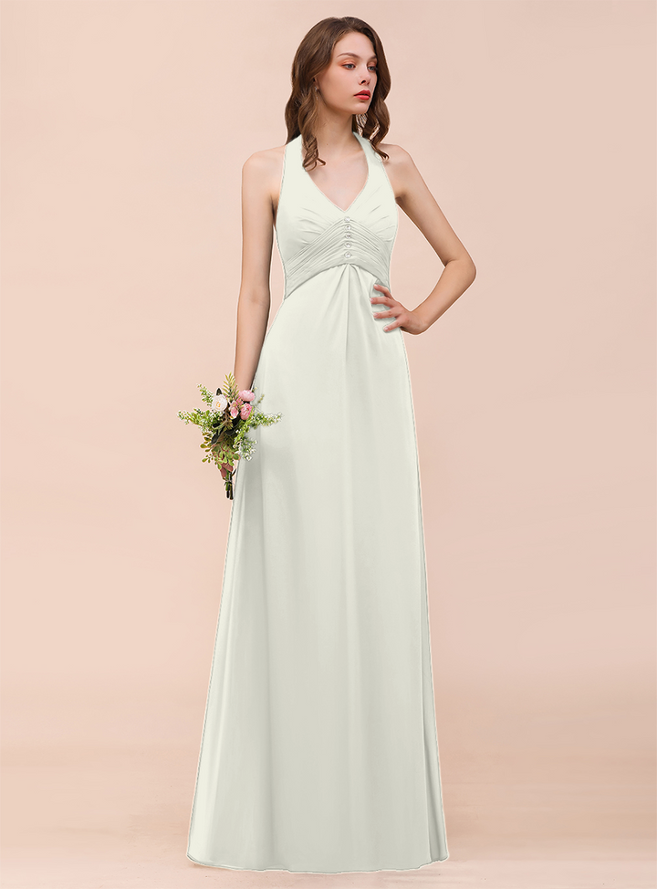 A-line Halter Beadings Chiffon Floor-Length Dress Dark Green-koscy