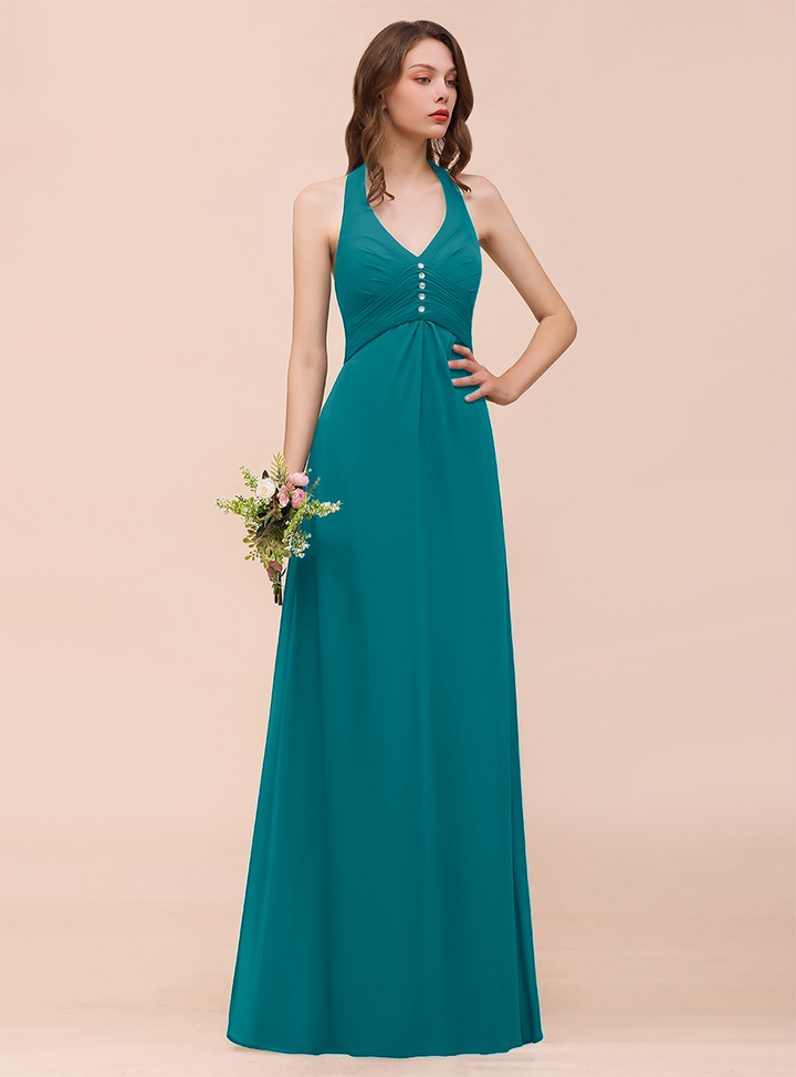 A-line Halter Beadings Chiffon Floor-Length Dress Dark Green-koscy