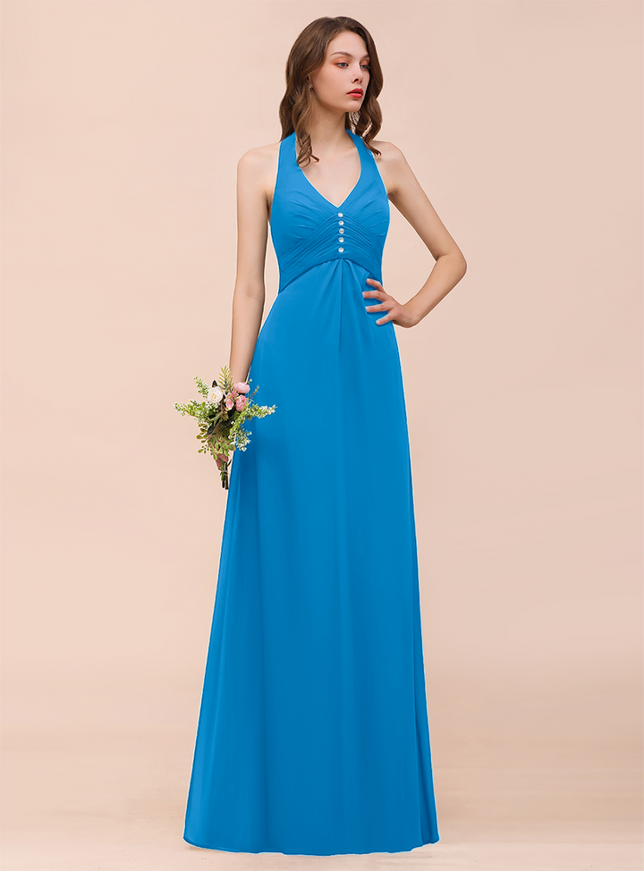 A-line Halter Beadings Chiffon Floor-Length Dress Dark Green-koscy