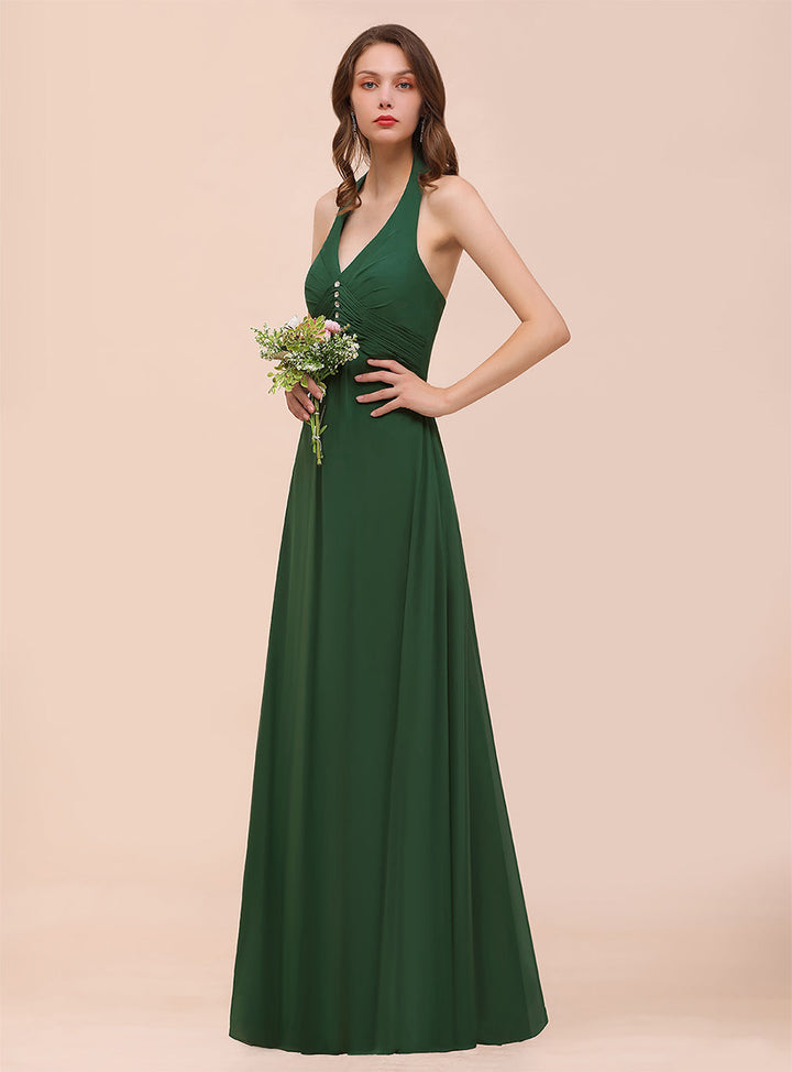 A-line Halter Beadings Chiffon Floor-Length Dress Dark Green-koscy