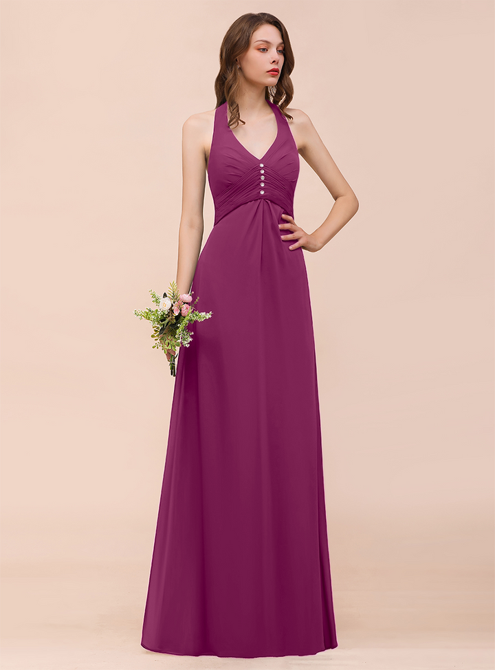 A-line Halter Beadings Chiffon Floor-Length Dress Dark Green-koscy