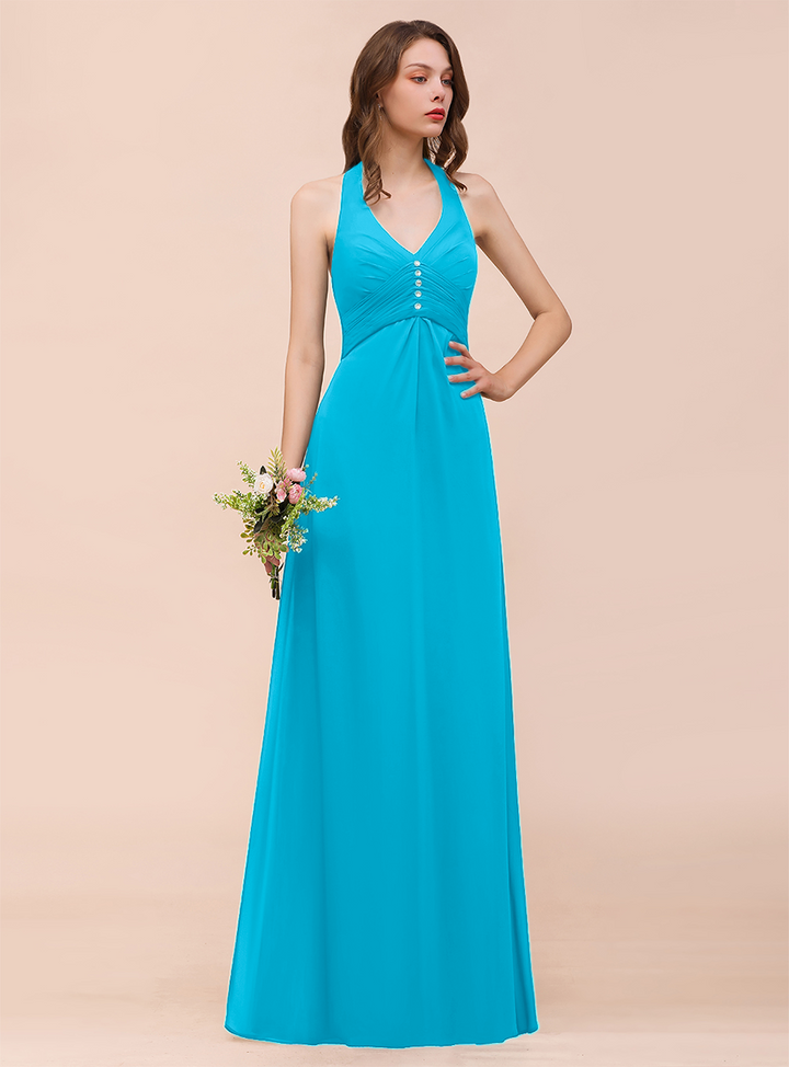 A-line Halter Beadings Chiffon Floor-Length Dress Dark Green-koscy