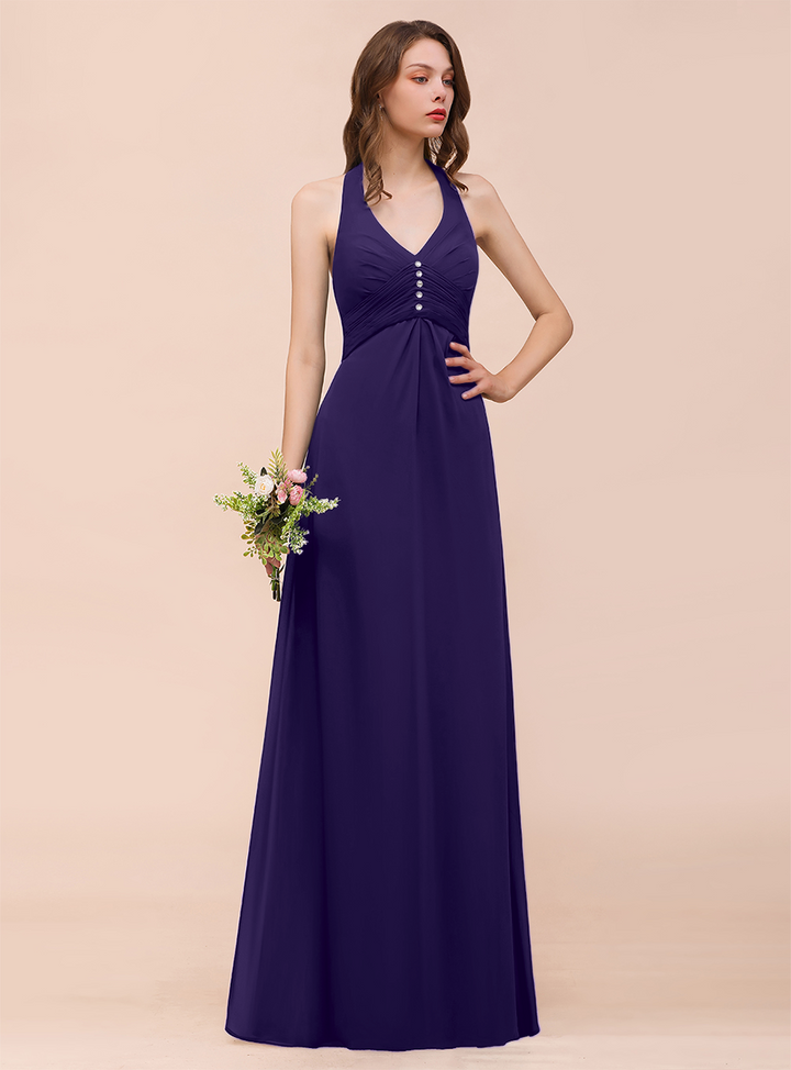 A-line Halter Beadings Chiffon Floor-Length Dress Dark Green-koscy