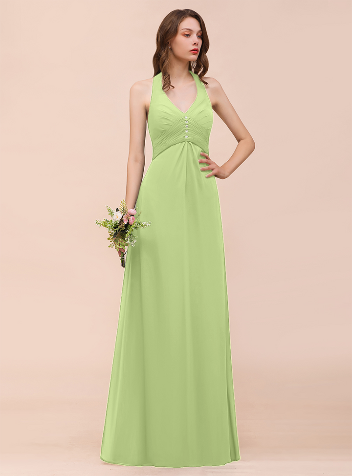 A-line Halter Beadings Chiffon Floor-Length Dress Dark Green-koscy