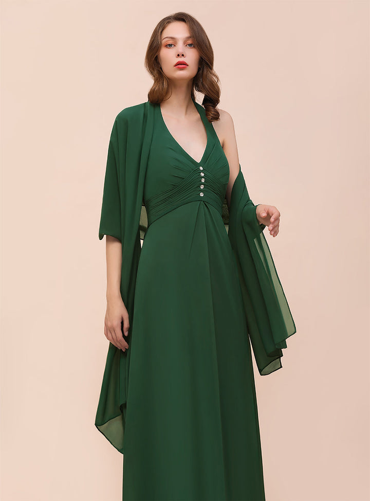 A-line Halter Beadings Chiffon Floor-Length Dress Dark Green-koscy