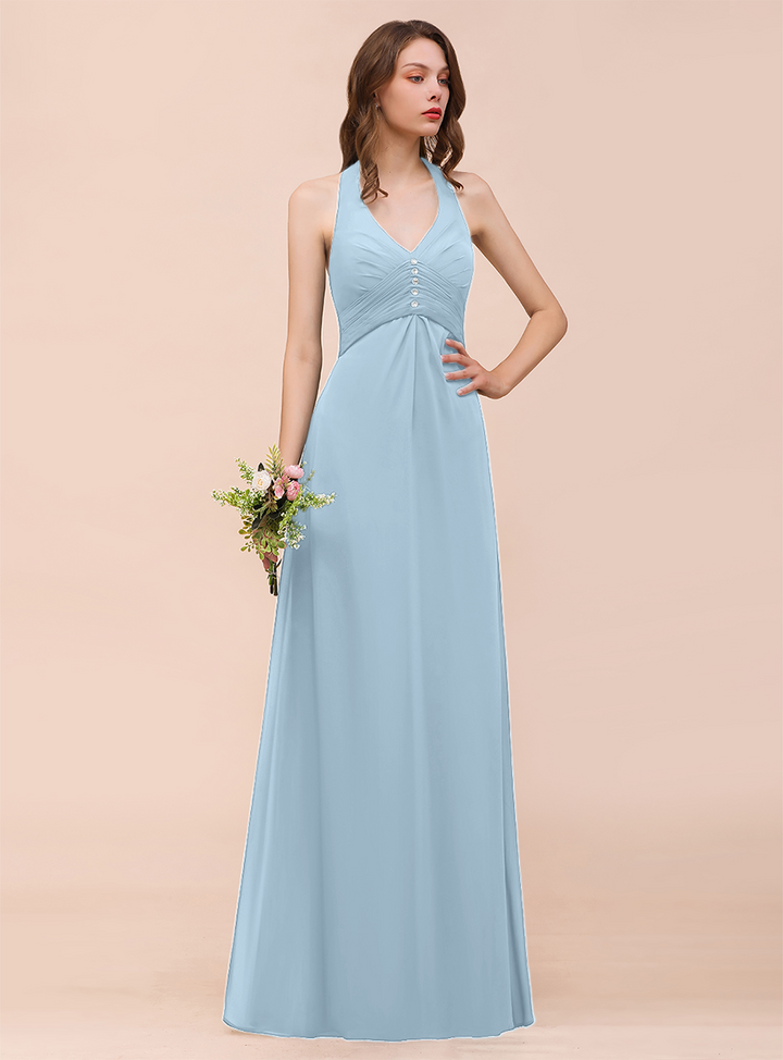 A-line Halter Beadings Chiffon Floor-Length Dress Dark Green-koscy