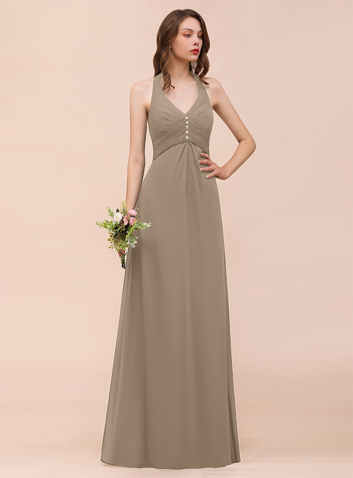 A-line Halter Beadings Chiffon Floor-Length Dress Dark Green-koscy