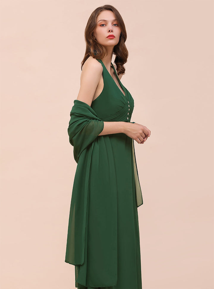 A-line Halter Beadings Chiffon Floor-Length Dress Dark Green-koscy