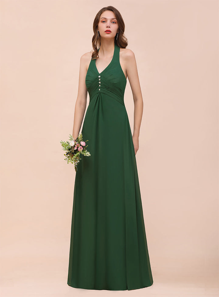 A-line Halter Beadings Chiffon Floor-Length Dress Dark Green-koscy