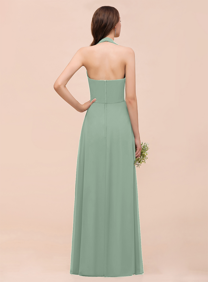 A-line Halter Beadings Chiffon Floor-Length Dress Dark Green-koscy