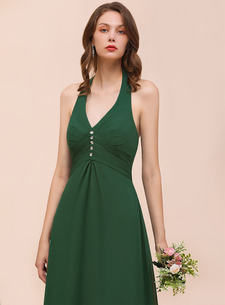 A-line Halter Beadings Chiffon Floor-Length Dress Dark Green-koscy