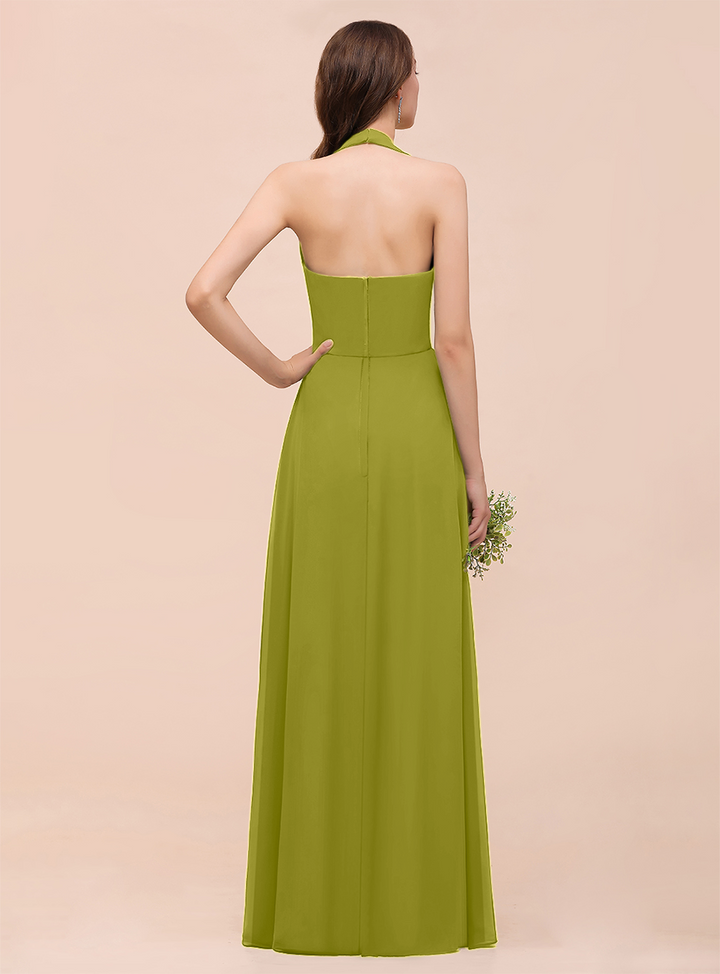 A-line Halter Beadings Chiffon Floor-Length Dress Dark Green-koscy