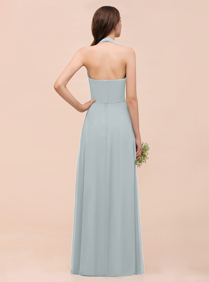 A-line Halter Beadings Chiffon Floor-Length Dress Dark Green-koscy