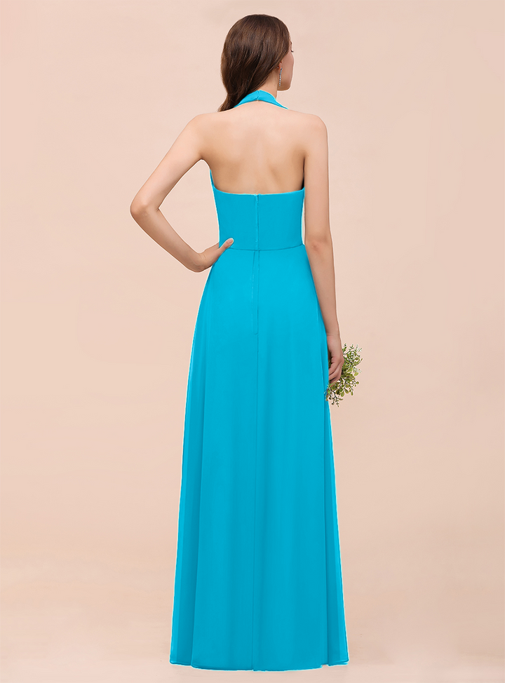 A-line Halter Beadings Chiffon Floor-Length Dress Dark Green-koscy