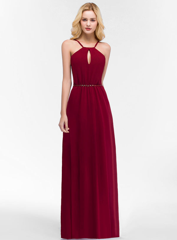 A-line Halter Chiffon Floor-Length Dress Burgundy-koscy