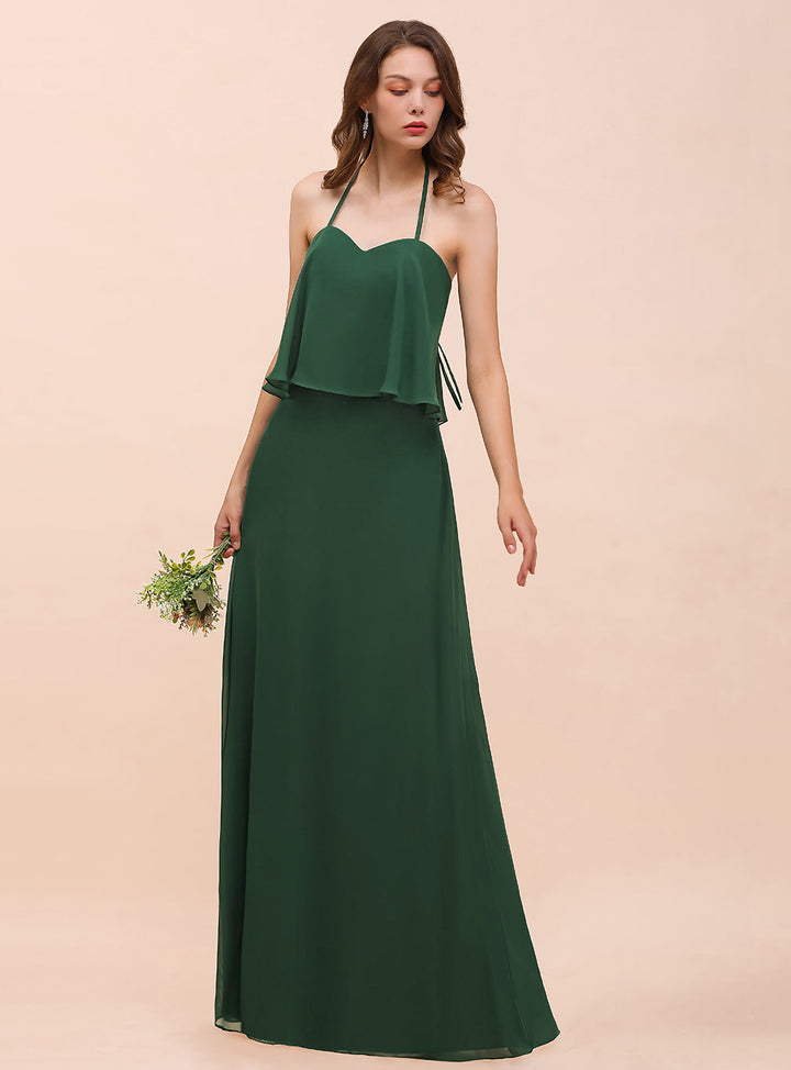 A-line Halter Chiffon Floor-Length Dress Dark Green-koscy