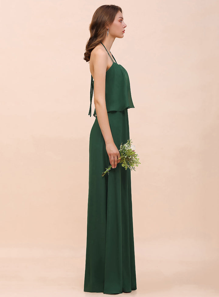 A-line Halter Chiffon Floor-Length Dress Dark Green-koscy