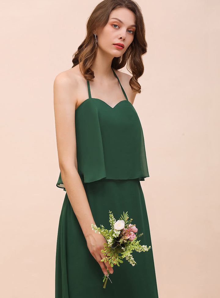 A-line Halter Chiffon Floor-Length Dress Dark Green-koscy