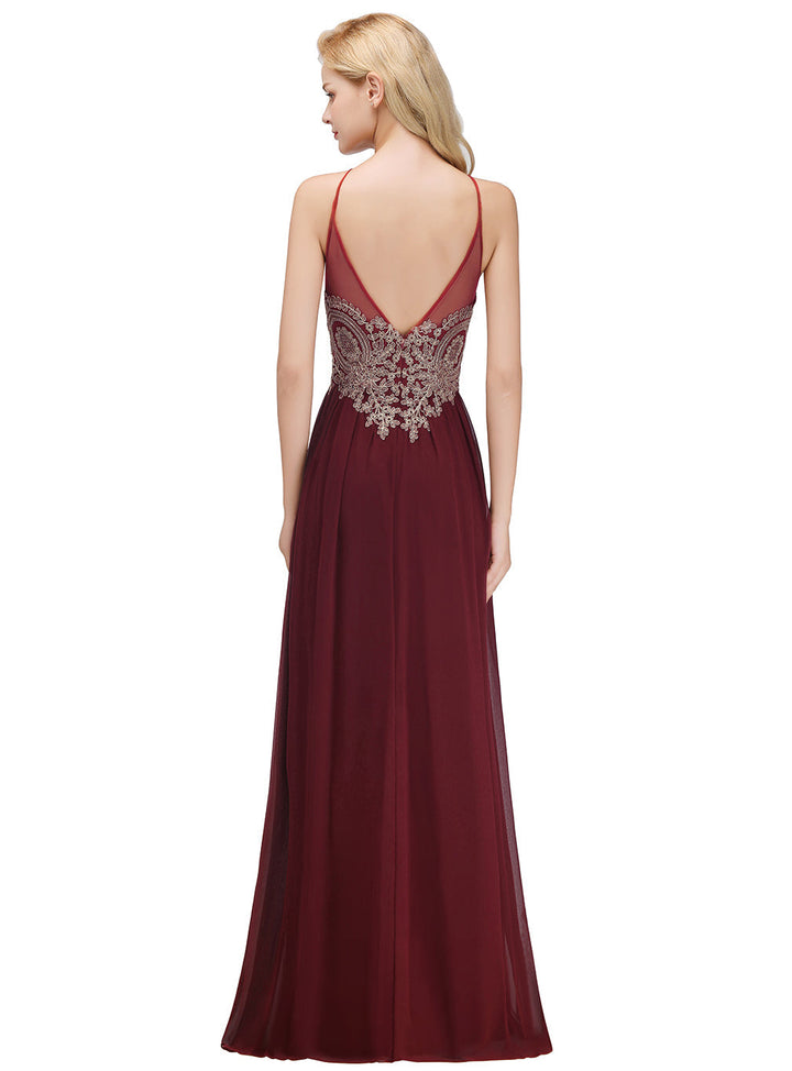 A-line Halter Chiffon Floor-Length Dress with Gold Appliques-koscy