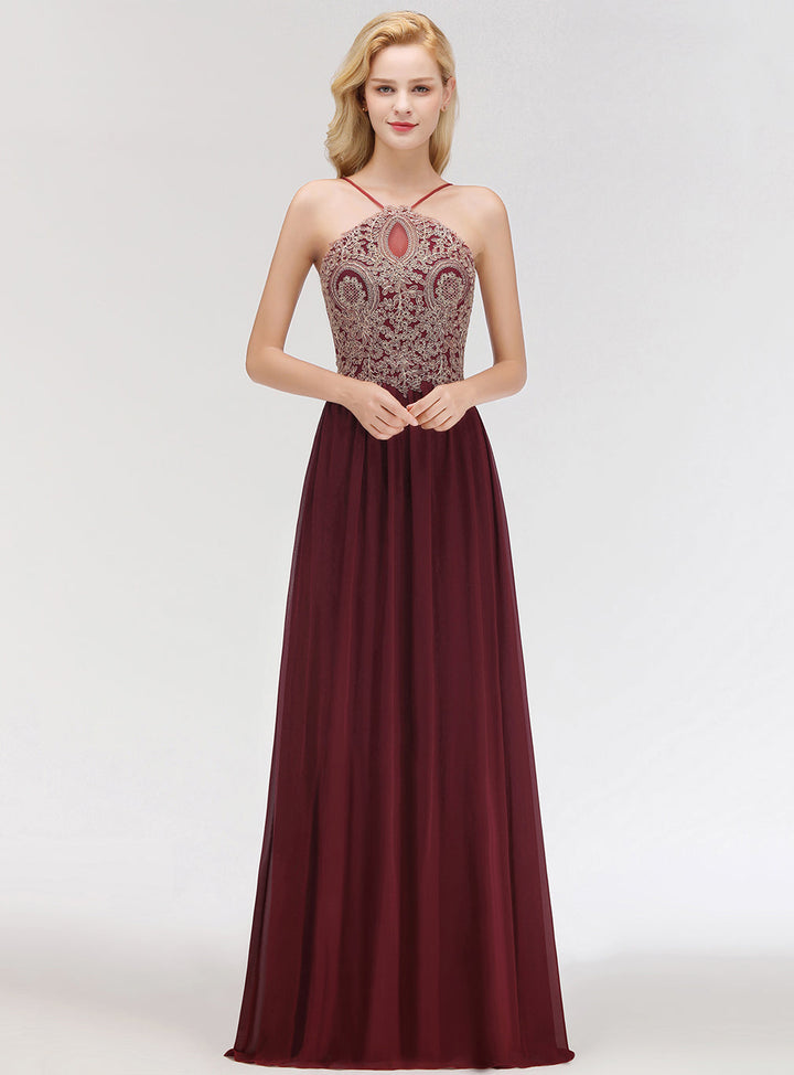 A-line Halter Chiffon Floor-Length Dress with Gold Appliques-koscy