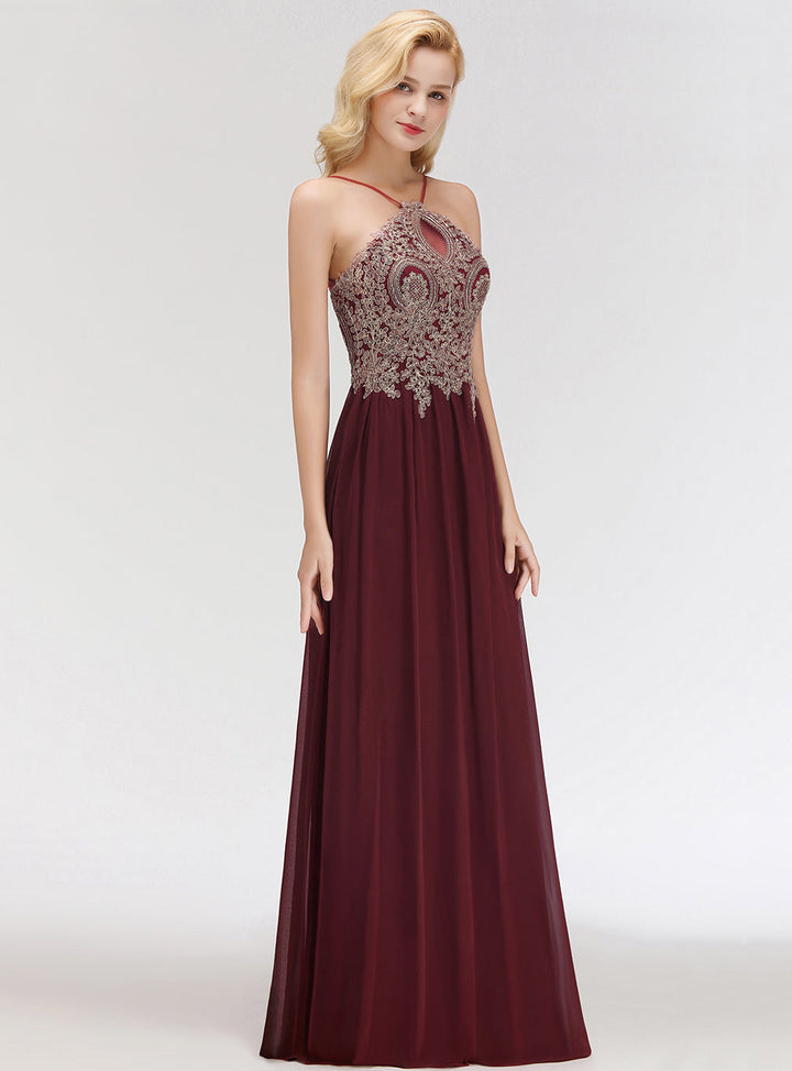 A-line Halter Chiffon Floor-Length Dress with Gold Appliques-koscy