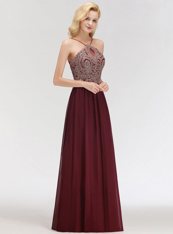 A-line Halter Chiffon Floor-Length Dress with Gold Appliques-koscy