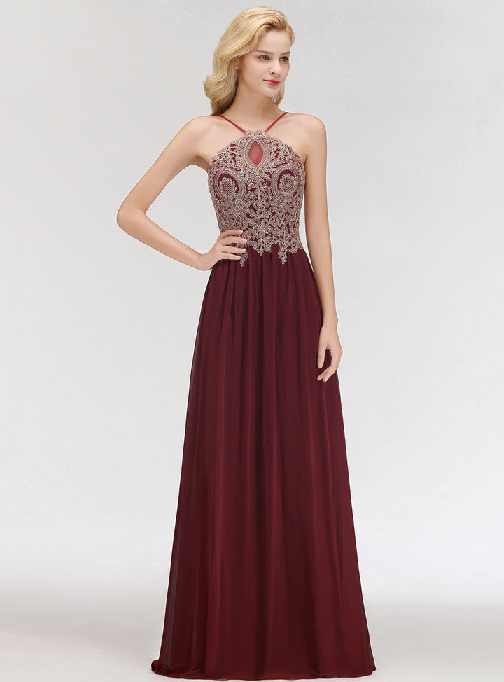 A-line Halter Chiffon Floor-Length Dress with Gold Appliques-koscy