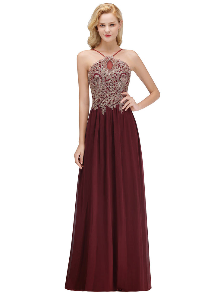 A-line Halter Chiffon Floor-Length Dress with Gold Appliques-koscy