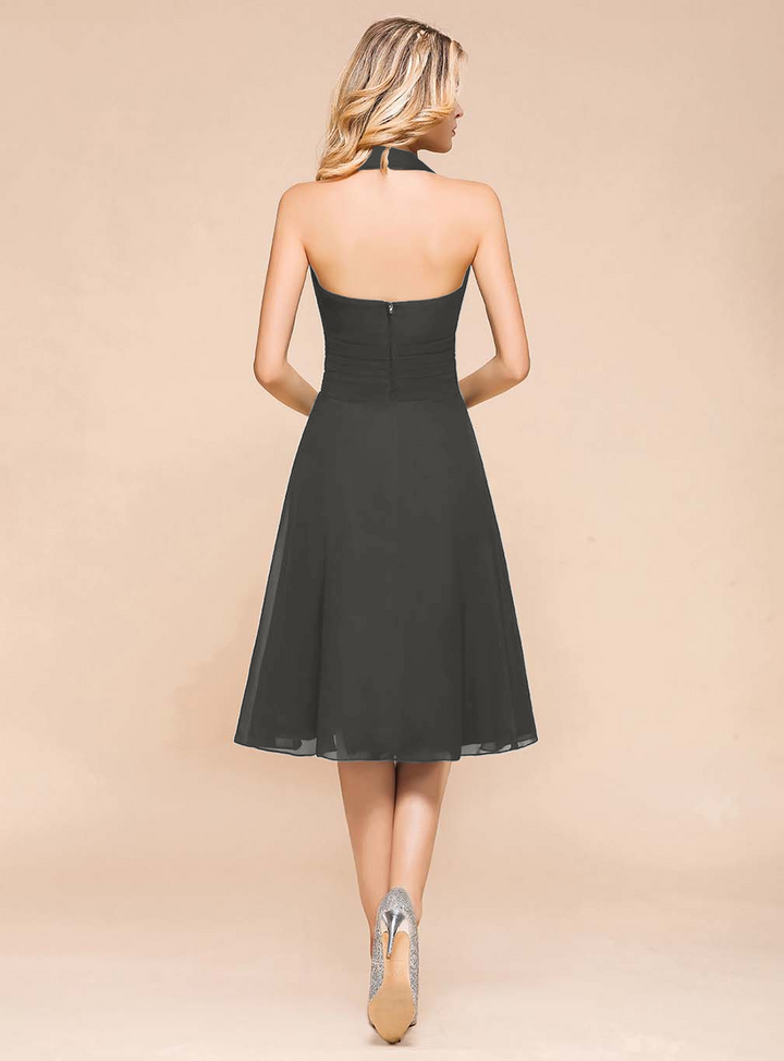 A-line Halter Chiffon Knee-Length Dress Black-koscy