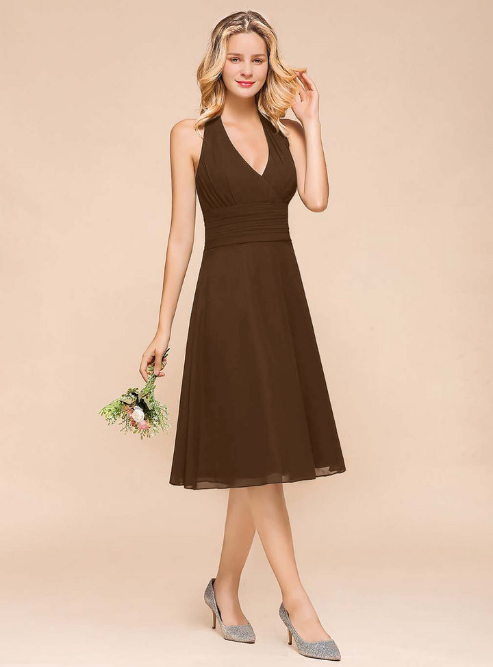 A-line Halter Chiffon Knee-Length Dress Black-koscy