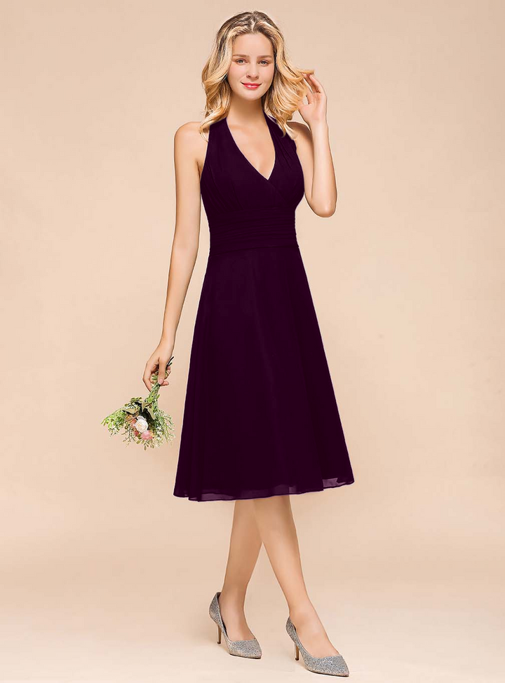 A-line Halter Chiffon Knee-Length Dress Black-koscy