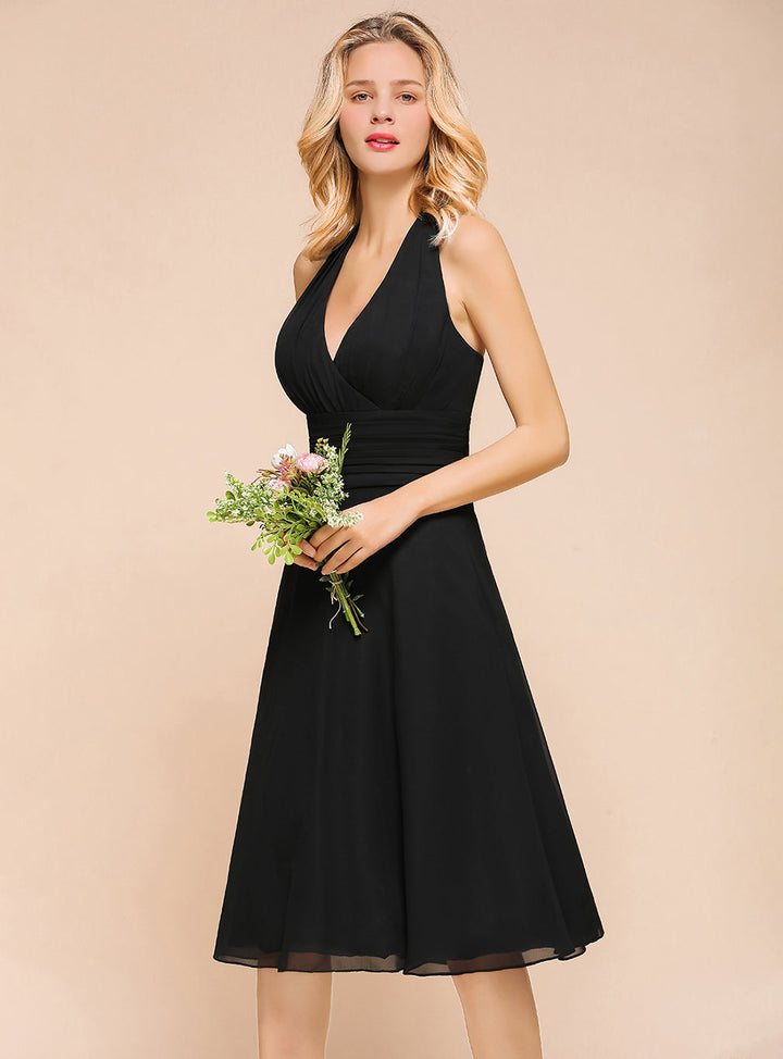 A-line Halter Chiffon Knee-Length Dress Black-koscy