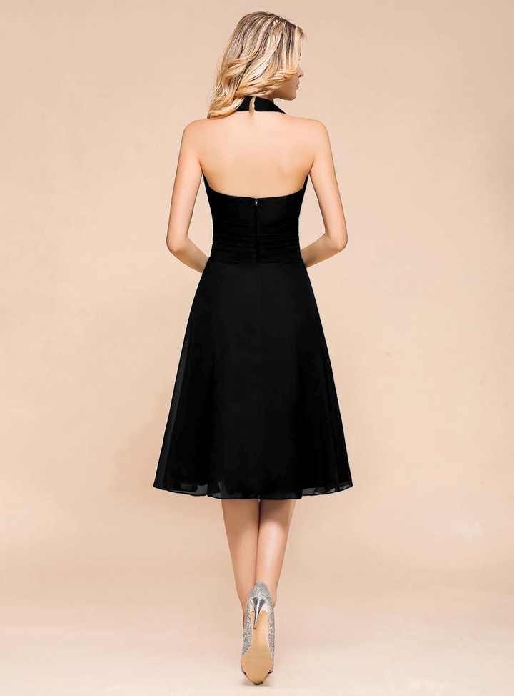 A-line Halter Chiffon Knee-Length Dress Black-koscy