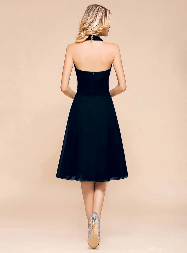 A-line Halter Chiffon Knee-Length Dress Black-koscy