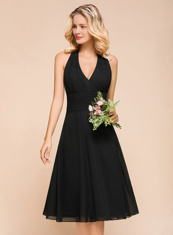 A-line Halter Chiffon Knee-Length Dress Black-koscy