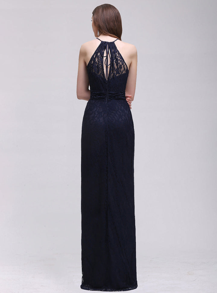 A-line Halter Lace Floor-Length Dress Navy Blue-koscy